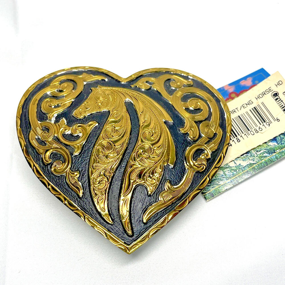 Crumrine Engraved Horse Floral Design on Heart Shape Buckle NEW with Tags